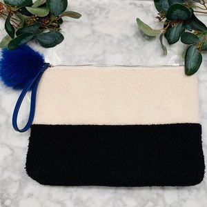 Black & White Clutch or Wristlet w/ Blue Pom-Pom